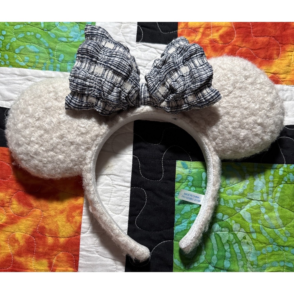 Tokyo Disney Minnie Ears Fluffy Sherpa Headband JAPAN White Check Navy